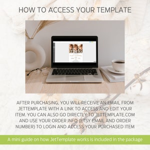 May include: A laptop computer displaying a digital template for a birthday invitation. The template features a photo of a child and the text "TWO" in a brown and white color scheme. The text "How to Access Your Template" is displayed above the laptop.