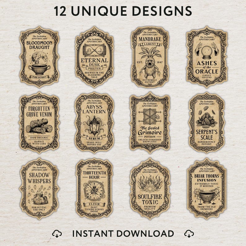 Apothecary Labels Set – 12 Vintage Halloween Potion Stickers, Wizard ...