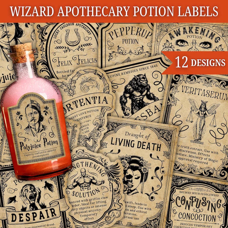 Étiquettes de potion de sorcier, étiquettes d'apothicaire vintage, autocollants d'étiquettes de potion, apothicaire de sorcière, déco d'Halloween, fête de sorcier, déco d'anniversaire image 1