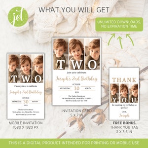 May include: A digital printable invitation card for a second birthday party. The card features a photo of a child with the text "TWO" and "Joseph's 2nd Birthday". The card is 5 x 7 inches. A thank you tag is also included, measuring 2 x 3.5 inches.