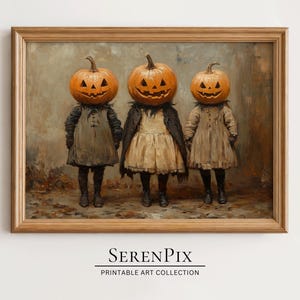 Vintage Halloween Art Print: Pumpkin Head Children, Spooky Cottagecore (Digital Download)