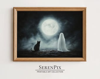 Halloween Ghost and Black Cat Art Print: Spooky Cottagecore Decor (Digital Download)