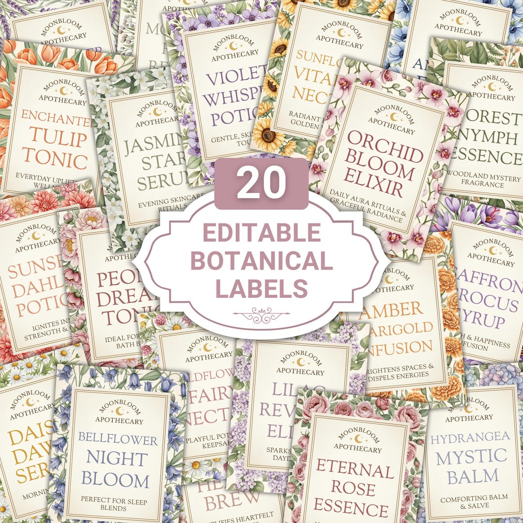 20 Editable Botanical Labels, Vintage Herbal Apothecary Stickers, Gold ...