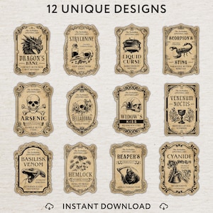 May include: A set of 12 unique apothecary labels featuring vintage-style illustrations and text. Each rectangular label displays a different poison theme, including a dragon, skull, scorpion, and grim reaper, with ornate decorative borders on tan paper.