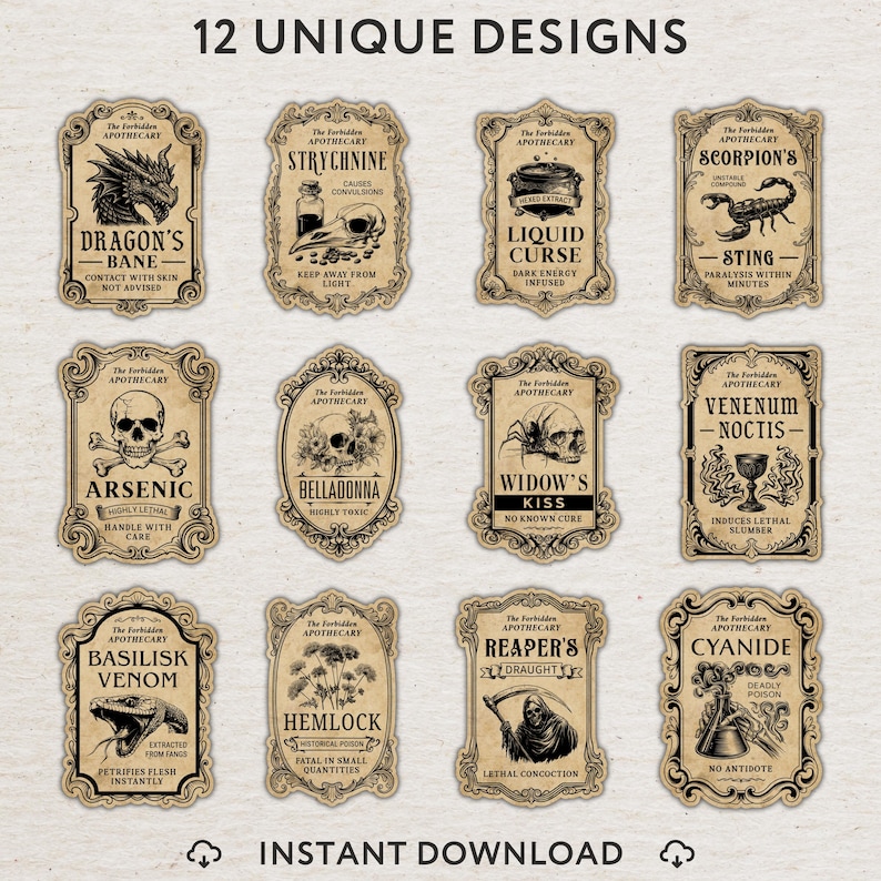 May include: A set of 12 unique apothecary labels featuring vintage-style illustrations and text. Each rectangular label displays a different poison theme, including a dragon, skull, scorpion, and grim reaper, with ornate decorative borders on tan paper.