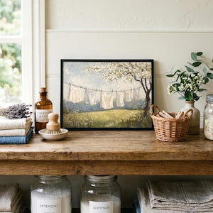 Vintage Laundry Room Wall Art, Rustic Clothesline Painting, Cottagecore Decor, Farmhouse Spring, Country Washroom Art (Digital Download) image 5