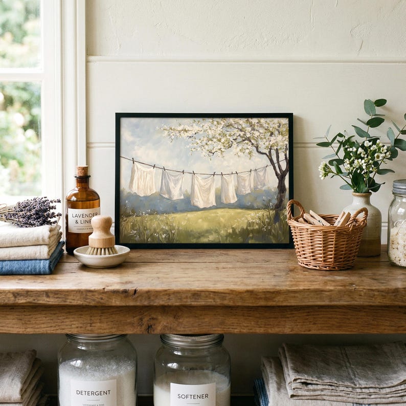 Vintage Laundry Room Wall Art, Rustic Clothesline Painting, Cottagecore Decor, Farmhouse Spring, Country Washroom Art (Digital Download) image 5