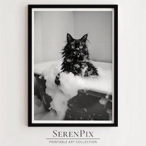 かわいい黒猫のバスタブウォールアート、面白い猫のプリント、白黒、バスルームの面白い動物、バスタイムアート、デジタルダウンロード