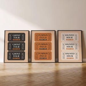May include: Three framed prints featuring vintage-style tickets for Halloween events. The prints display tickets for a Ghost Tour, Pumpkin Patch, and Haunted House. Each ticket has a unique serial number and the words "ADMIT ONE".