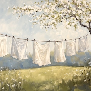 May include: An oil painting depicts white linens hanging on a clothesline under a blossoming tree. The scene is set in a field with green and yellow grass, and a light blue sky. The artwork evokes a sense of tranquility and simplicity.