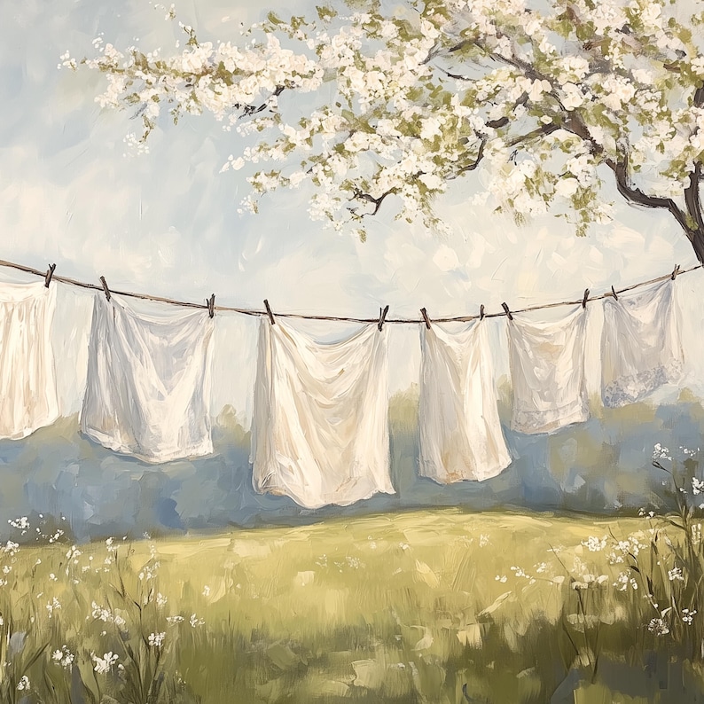 May include: An oil painting depicts white linens hanging on a clothesline under a blossoming tree. The scene is set in a field with green and yellow grass, and a light blue sky. The artwork evokes a sense of tranquility and simplicity.