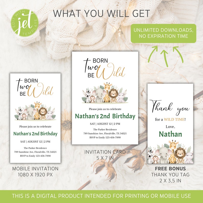 May include: Two printable invitations for a child's second birthday party with a jungle animal theme. The invitation card is 12.7x17.8 cm and features a green, gold, and brown colour scheme with a variety of jungle animals. The thank you tag is 5x8.9 cm and features a similar design with a brown, green, and gold colour scheme. The text on the invitation card reads "Born Two Be Wild" and includes the child's name, date, time, and location of the party. The text on the thank you tag reads "Thank you for a wild time! Love, Nathan".