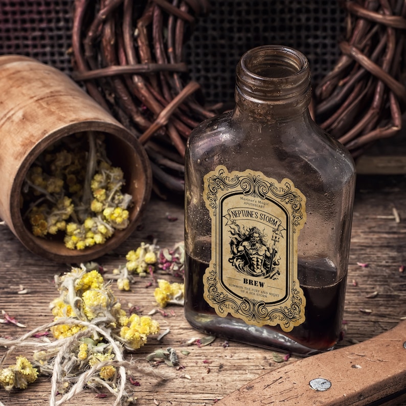 May include: A dark brown glass bottle with a label that reads "Neptune's Storm Brew" and "Mariner's Magic Apothecary". The label features a black and white illustration of a man with a trident. The bottle is sitting on a wooden surface with dried herbs scattered around it.