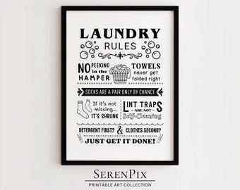 Funny Laundry Rules Print: Black and White Utility Room Decor (Digital Art)