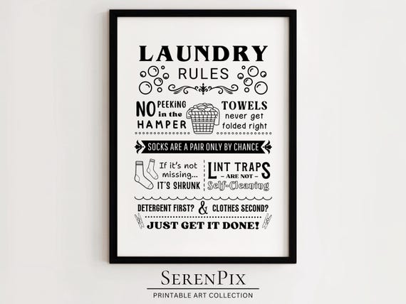 Funny Laundry Rules Print: Black and White Utility Room Decor