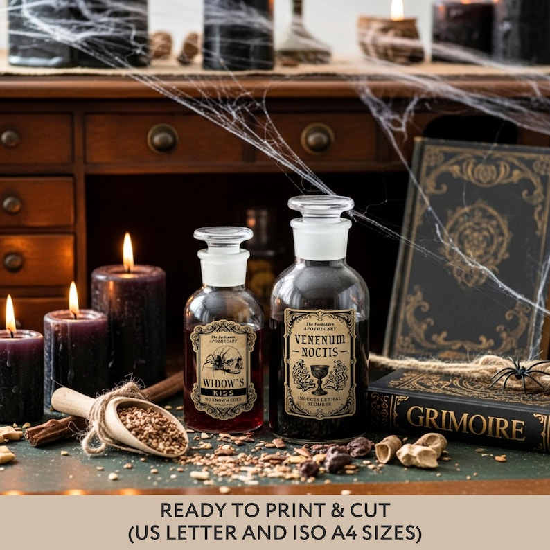 May include: Two glass apothecary bottles with labels reading Widow's Kiss and Venenum Noctis, featuring skull and goblet graphics. The bottles are surrounded by black candles, a wooden scoop with grains, and a book labeled Grimoire, with text below.