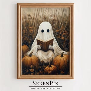 Cute Ghost Reading Book, Halloween Ghost Oil Painting, Vintage Ghost Art, Cottagecore Decor, Printable Spooky Art, Halloween Art Print