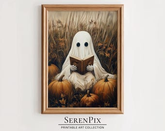 Halloween Ghost Reading Art Print: Spooky Cottagecore Decor (Digital Download)