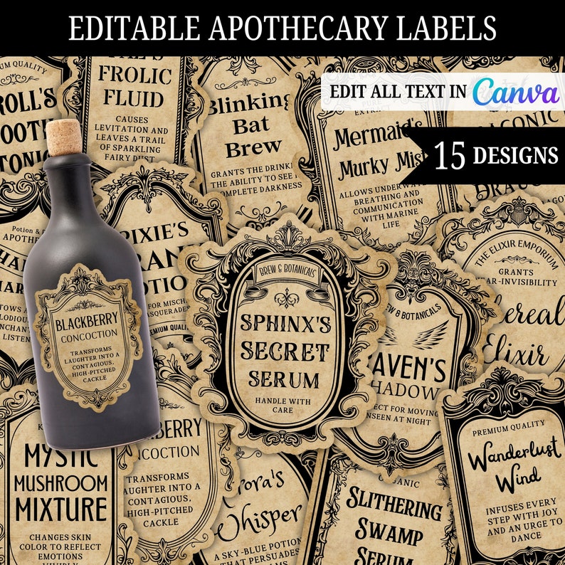 Editable Vintage Apothecary Labels, Wizard Potion Labels, Bottle Label