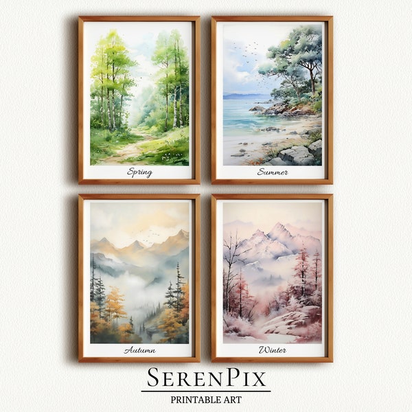 Ensemble d’art mural quatre saisons, art mural nature aquarelle, décor art nature, ensemble de 4 estampes paysagères, art décor boisé