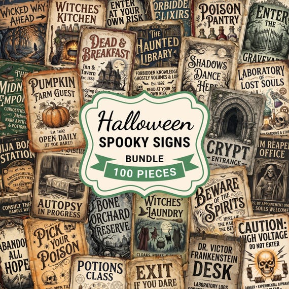 Halloween Ephemera Spooky Signs, Vintage Junk Journal Kit, Apothecary Labels, Haunted House Decor, Witchy Fussy Cuts (Digital Download)