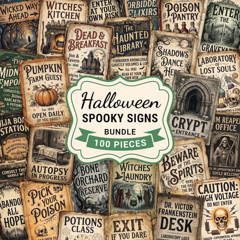 Printable Halloween ephemera spooky signs sheets. Designs feature gothic haunted houses, creepy apothecary potion bottles, witches, black cats, skulls, skeleton crew, fortunetellers, and occult tarot cards. Each gothic tag has an aged, worn parchment paper texture with highly detailed hand-drawn style illustrations. Perfect scrapbook kit pages for witchcraft potion labels, dark academia, and spooky Halloween wall decor printables.