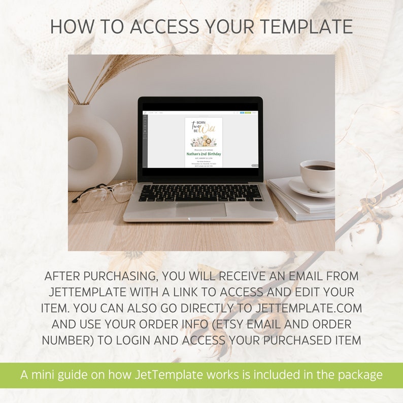 May include: A laptop computer displaying a printable invitation template for a child's birthday party. The invitation features a watercolour illustration of a lion with the text "Turning Two Wild" and "Nathan's 2nd Birthday".