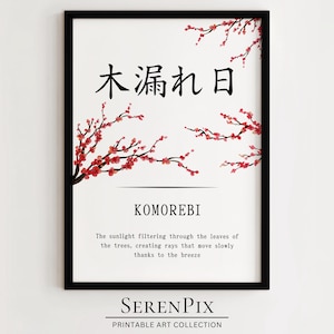 Komorebi Kanji Definition Wall Art, Japanese, Oriental Wall Art, Asian Printable Art, Zen Art, Definition Poster, Digital Download