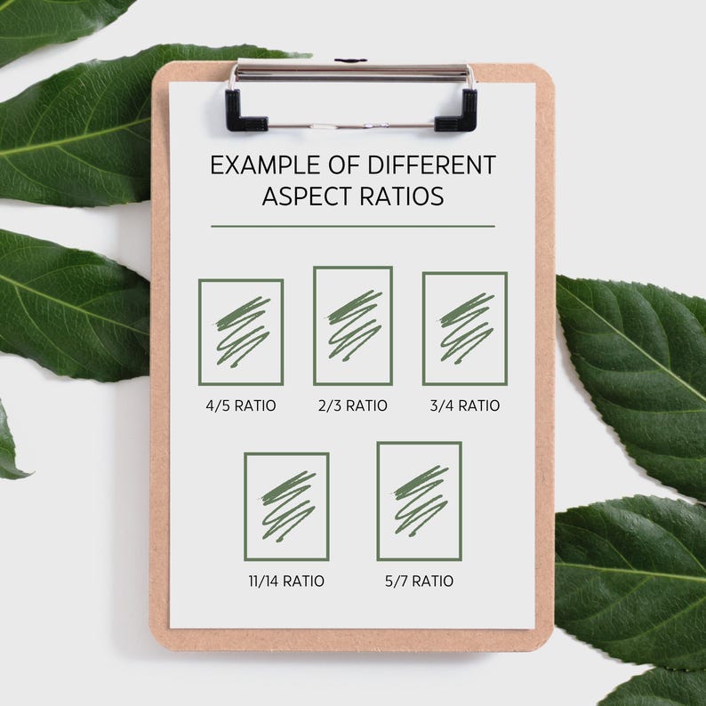 May include: A clipboard with a white paper displaying examples of different aspect ratios. The text reads "EXAMPLE OF DIFFERENT ASPECT RATIOS" with five examples labeled 4/5, 2/3, 3/4, 11/14, and 5/7 ratio. Green leaves are in the background.