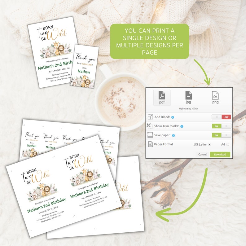 May include: Printable invitation for a child's second birthday party with a jungle animal theme. The invitation features a lion, zebra, giraffe, and monkey with the text "Born Two Be Wild".