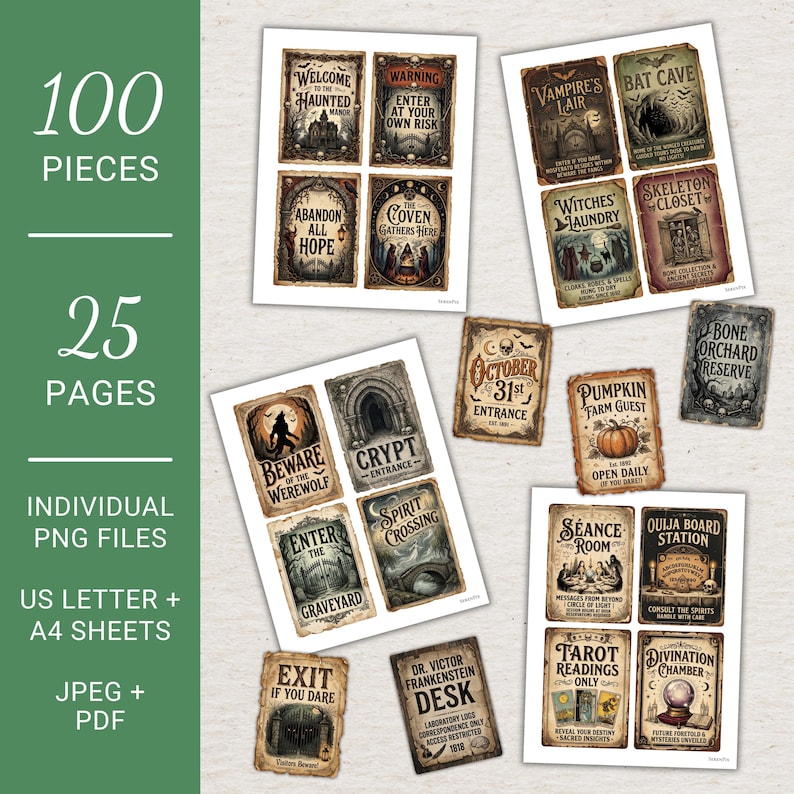 Pu&ograve; includere: Una collezione di 100 insegne digitali stampabili con temi spettrali di Halloween. Le insegne rettangolari includono testi come Welcome to the Haunted Manor, Vampire's Lair, Witches Laundry e Ouija Board Station, su fogli A4 e US Letter.