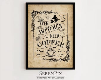 Witches Need Coffee Art Print: Vintage Halloween Kitchen Decor (Digital Download)
