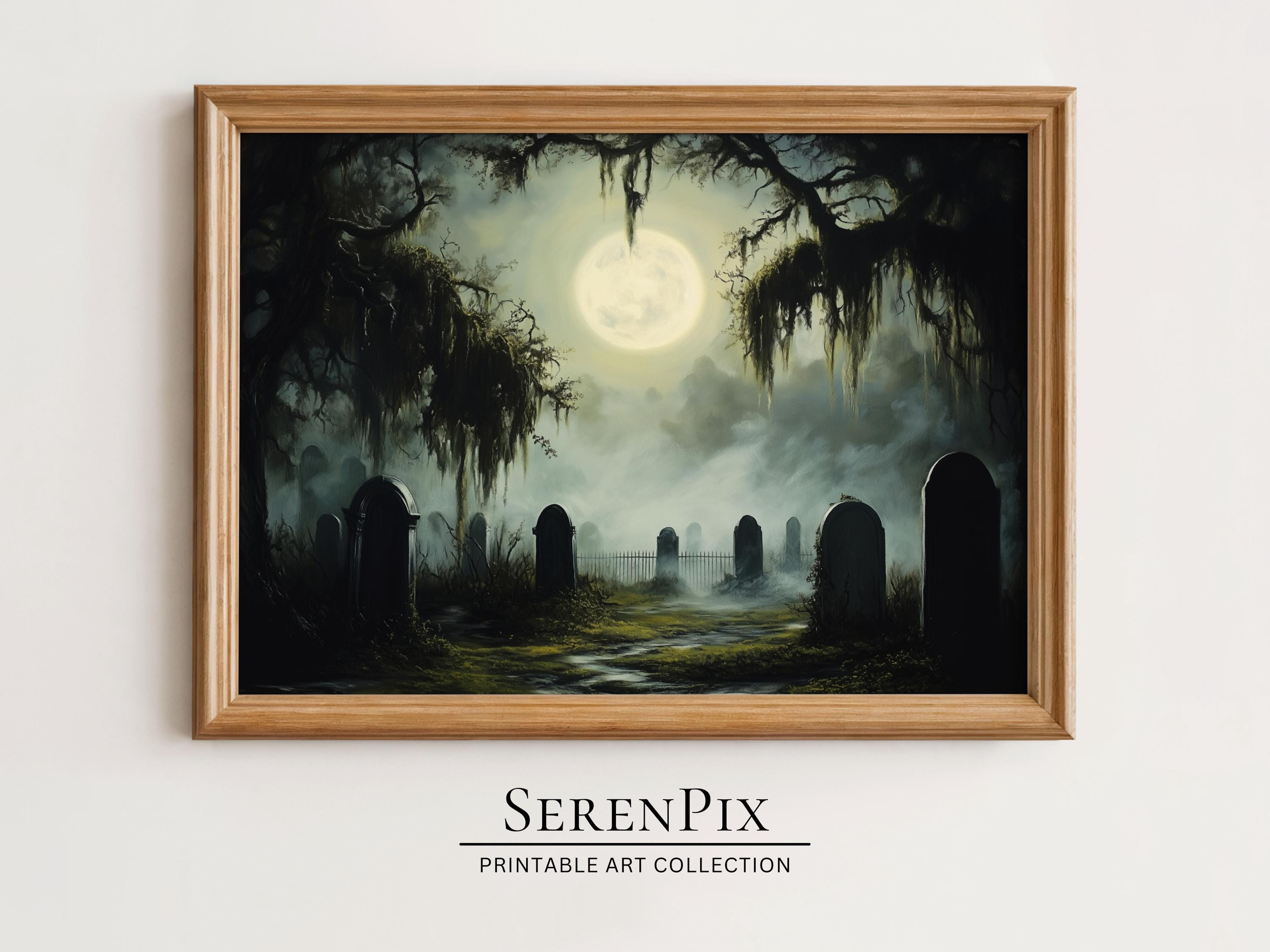 Spooky Graveyard Full Moon Oil Painting: Halloween Wall Art