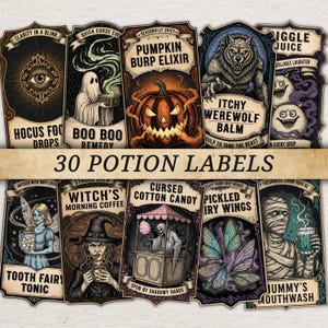 Potion Labels: 30 Witchcraft Stickers, Halloween Decor, Vintage Apothecary, Wizard Party (Digital Download)