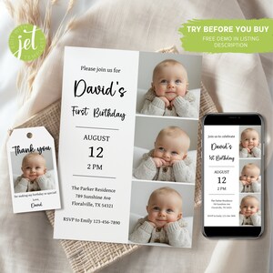 May include: A white invitation with a photo collage of a baby boy. The invitation is for David's first birthday party. The party is on 12th August at 2 PM at The Parker Residence. The address is 789 Sunshine Ave, Floralville, TX 54321. RSVP to Emily at 123-456-7890.
