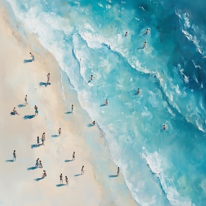 May include: An aerial view of a beach scene with people enjoying the water. The artwork features a sandy shore meeting turquoise waves. Small figures are scattered on the beach and in the ocean, creating a sense of leisure and summer activity.