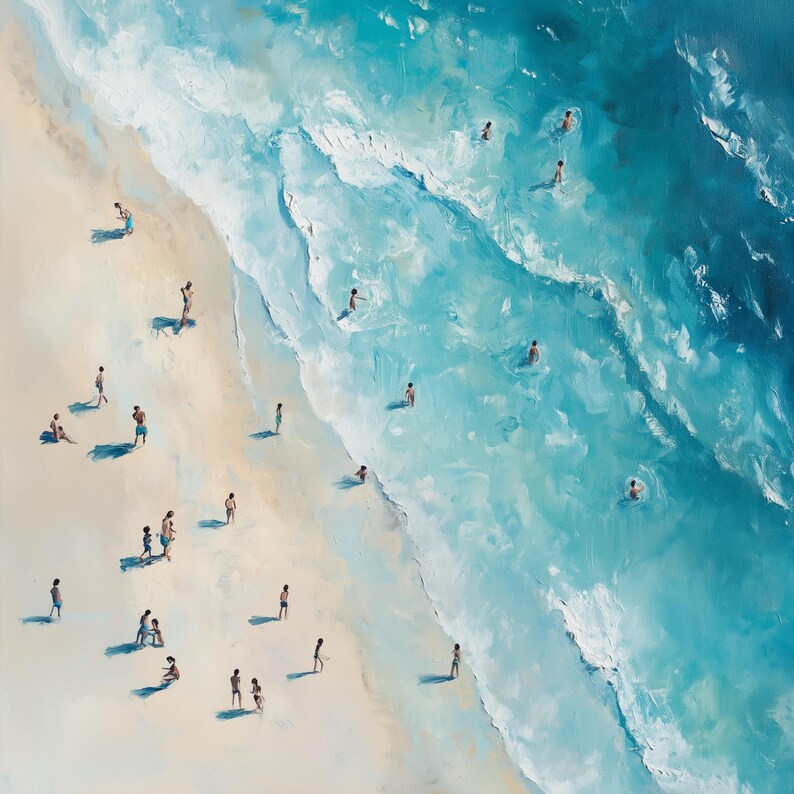 May include: An aerial view of a beach scene with people enjoying the water. The artwork features a sandy shore meeting turquoise waves. Small figures are scattered on the beach and in the ocean, creating a sense of leisure and summer activity.