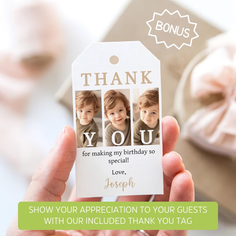 May include: A white thank you tag with a brown border and the words "THANK YOU" in brown letters. The tag has three photos of a young child in the center. The text below the photos reads "for making my birthday so special! Love, Joseph".