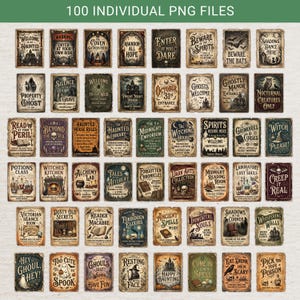 Pu&ograve; includere: Una collezione di 100 insegne digitali rettangolari con varie illustrazioni gotiche e a tema Halloween, tra cui case infestate, teschi, pozioni e pipistrelli, ognuna con una tipografia in stile vintage e texture scure e usurate.