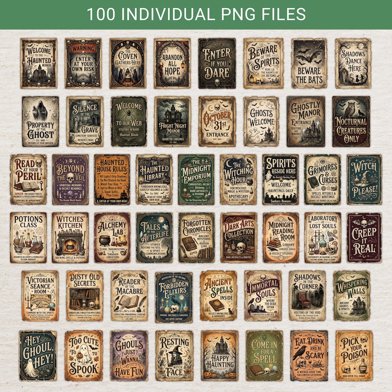 Pu&ograve; includere: Una collezione di 100 insegne digitali rettangolari con varie illustrazioni gotiche e a tema Halloween, tra cui case infestate, teschi, pozioni e pipistrelli, ognuna con una tipografia in stile vintage e texture scure e usurate.