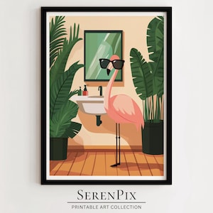 Lámina de flamenco para baño: arte divertido para la pared del baño, estampado de animales tropicales, póster de aves de la selva, decoración imprimible de flamenco rosa, arte digital