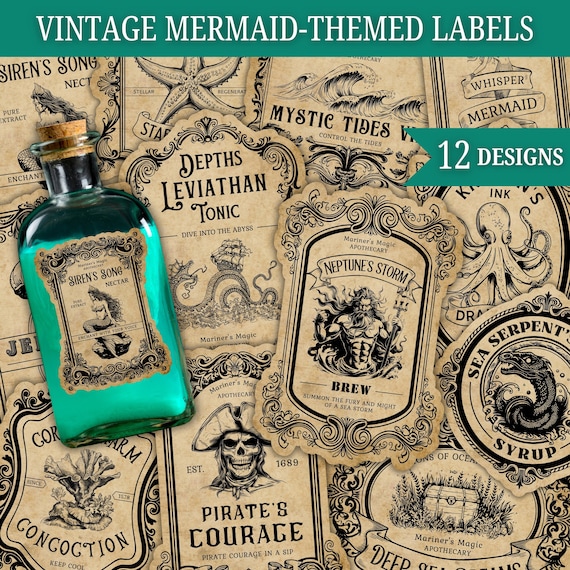 Mermaid Potion Bottle Labels: Vintage Pirate Party Decor (Digital Download)