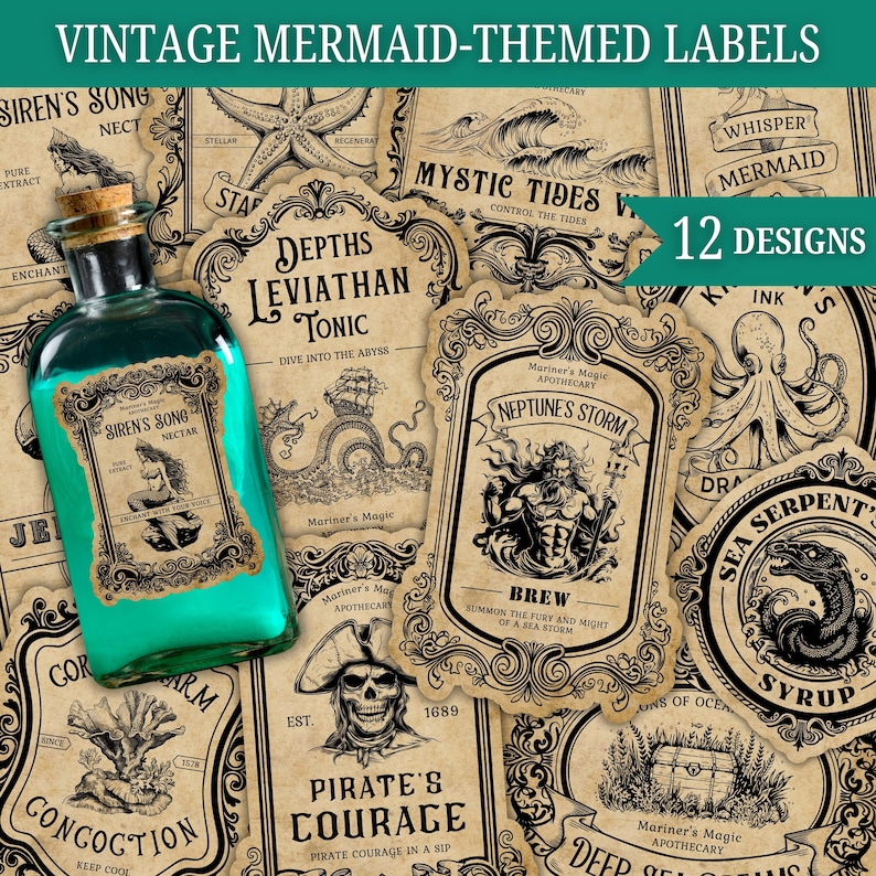 May include: Vintage style labels with a mermaid theme. The labels feature illustrations of mermaids, sea serpents, and other mythical creatures. The labels are printed on a parchment-like background and have a distressed look. The text on the labels includes phrases like "Siren's Song", "Mystic Tides", and "Pirate's Courage".