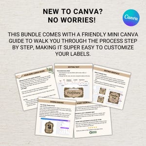 May include: A bundle of Canva guides with the text "New to Canva? No Worries!" and "This bundle comes with a friendly mini Canva guide to walk you through the process step by step, making it super easy to customize your labels."