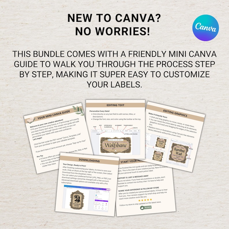 May include: A bundle of Canva guides with the text "New to Canva? No Worries!" and "This bundle comes with a friendly mini Canva guide to walk you through the process step by step, making it super easy to customize your labels."