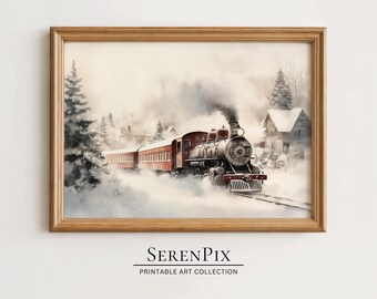 Vintage Christmas Train Art Print: Snowy Village Winter Decor (Digital Art)