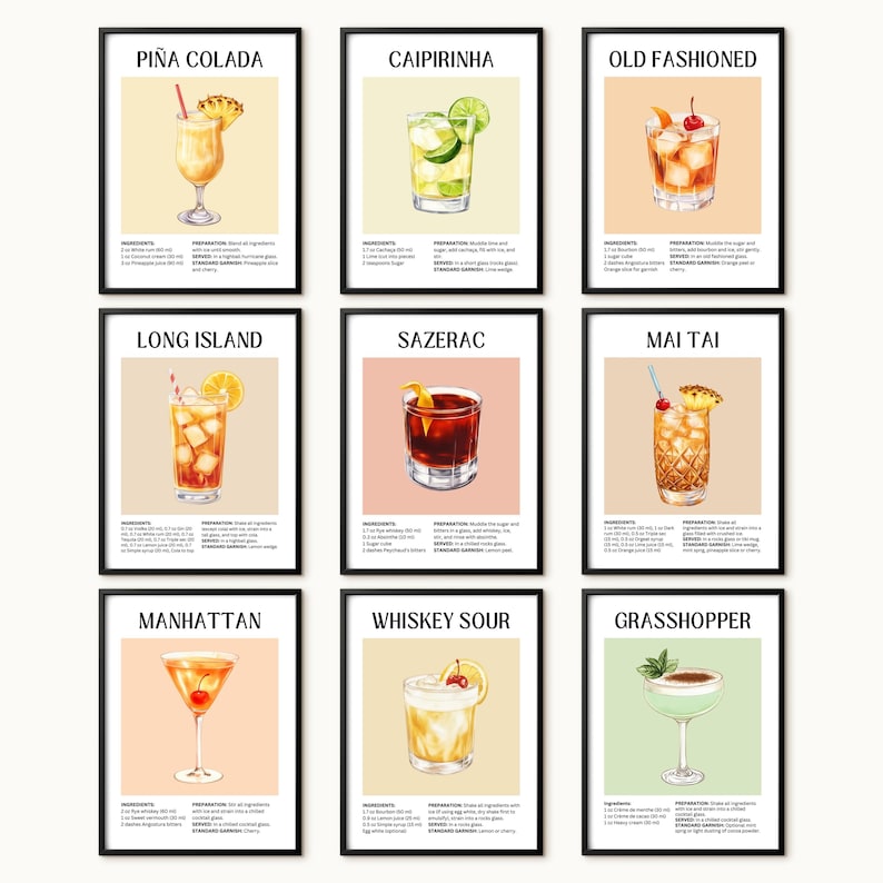 Cocktail Prints Bundle, Trendy Bar Cart Decor, 25 Classic Drink Recipes (Digital Download) image 4