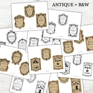 May include: A set of 16 printable potion bottle labels in black and white and antique styles. The labels feature whimsical names like "Zephyr Potion", "Memory Tonic", "Nocturnal Essence", and "Veritaserum".