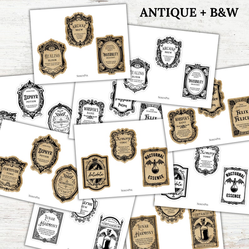 May include: A set of 16 printable potion bottle labels in black and white and antique styles. The labels feature whimsical names like "Zephyr Potion", "Memory Tonic", "Nocturnal Essence", and "Veritaserum".