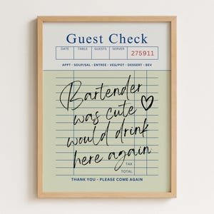 Sztuka ścienna z rachunkiem gościa - Bartender Was Cute Print - Wystrój wózka barowego - Sztuka kuchenna z paragonem w stylu retro - Zabawny cytat do wydrukowania - Pobieranie cyfrowe